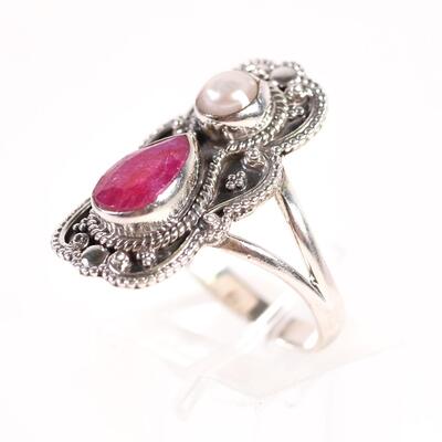 Sterling Pearl & Ruby Ring, Size 9
