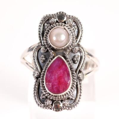 Sterling Pearl & Ruby Ring, Size 9