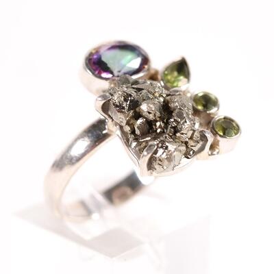 Sterling Emerald & Meteorite Cluster Ring, Size 7.25