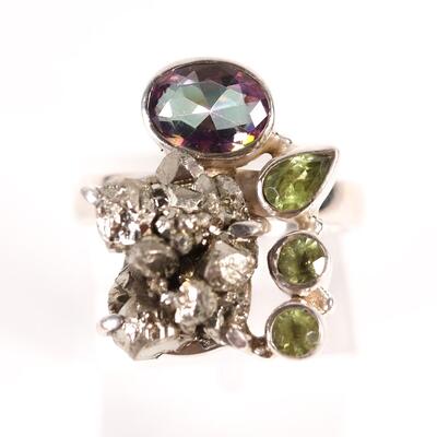 Sterling Emerald & Meteorite Cluster Ring, Size 7.25