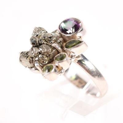 Sterling Emerald & Meteorite Cluster Ring, Size 7.25