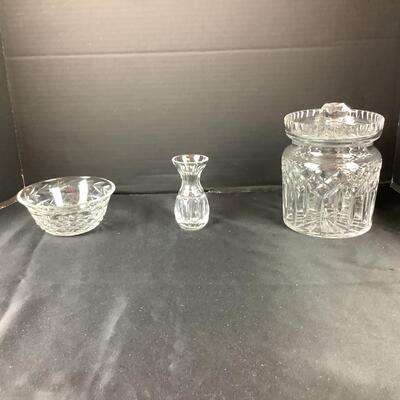 Lot. 5017. Waterford Biscuit Barrel with Lid, Violet Vase and  Crystal Bowl