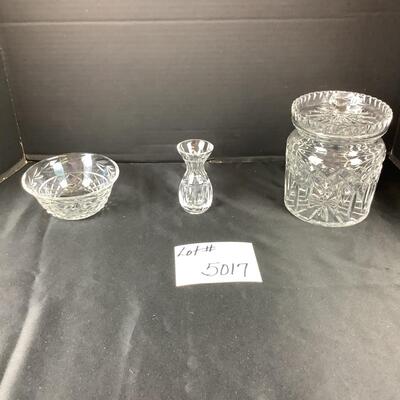 Lot. 5017. Waterford Biscuit Barrel with Lid, Violet Vase and  Crystal Bowl