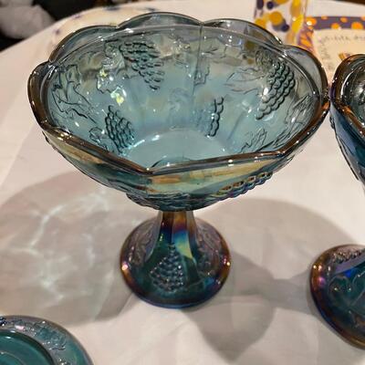Two Vintage Indiana Harvest Grape Carnival Glass Iridescent Blue Covered Compote Candy Dishes