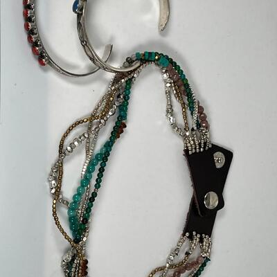 3 Navajo SS  Bangles Rhodchrosite Turqouise Leather and Silver choker