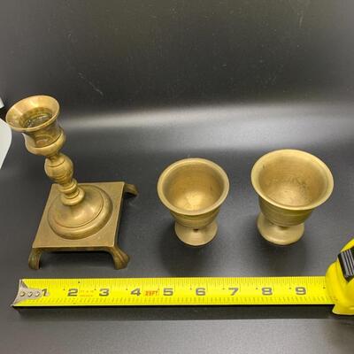 Vintage Brass Cups 3â€ high approx and Candle Stick Holder 5.5â€ high approx
