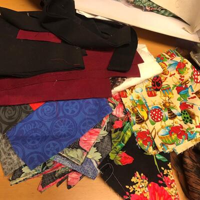 Box of material & quilt blocks