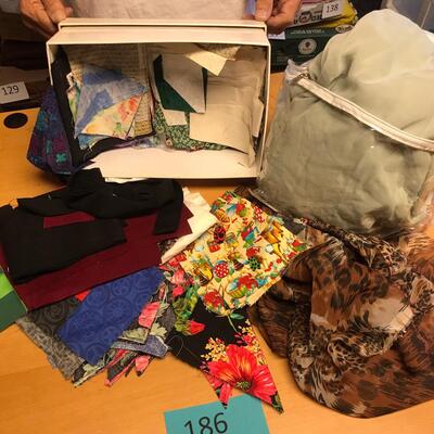 Box of material & quilt blocks