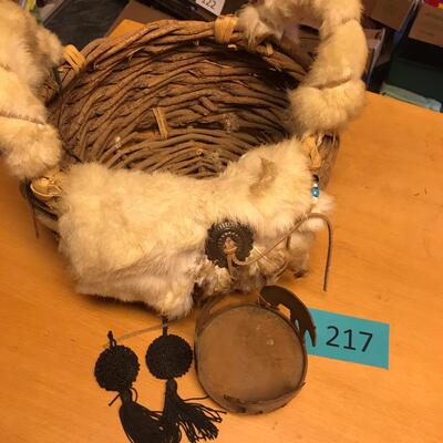 Native American Decorated Basket w/ Rabbit Pelts