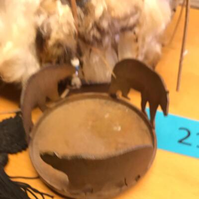 Native American Decorated Basket w/ Rabbit Pelts