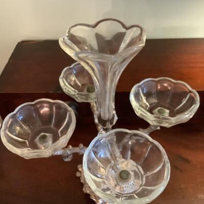 Eperge  - metal base, 4 surround glass bowls, glass floral in center