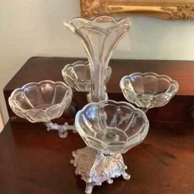 Eperge  - metal base, 4 surround glass bowls, glass floral in center