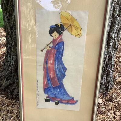 Asian lady, Geisha girl with umbrella, framed artwork