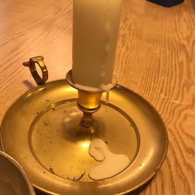 Lot of 2 Brass Candlesticks & Silver plate bowl
