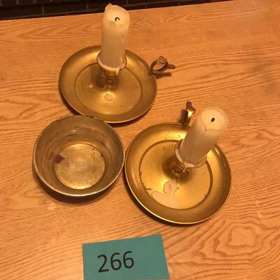 Lot of 2 Brass Candlesticks & Silver plate bowl