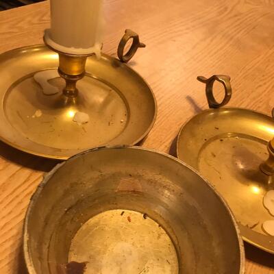 Lot of 2 Brass Candlesticks & Silver plate bowl