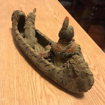 Resin Indian in Canoe with Wolf