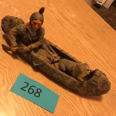 Resin Indian in Canoe with Wolf