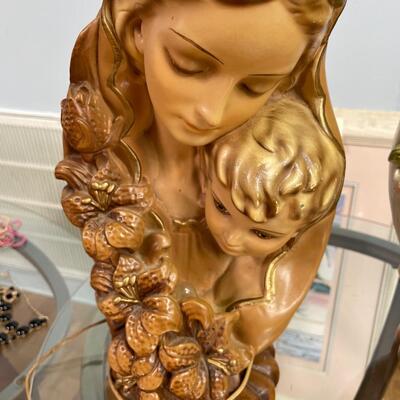 Two 1950's Chalkware Religious Catholic Art Night Lights - Madonna and Child
