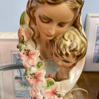 Two 1950's Chalkware Religious Catholic Art Night Lights - Madonna and Child