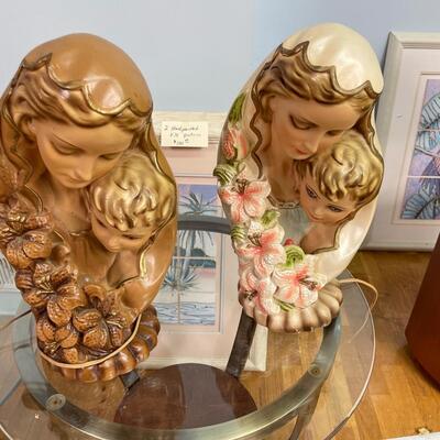 Two 1950's Chalkware Religious Catholic Art Night Lights - Madonna and Child