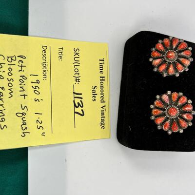 1950 Petipoint Navajo  Coral Squash Blossom SS Clip Ons