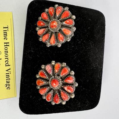 1950 Petipoint Navajo  Coral Squash Blossom SS Clip Ons
