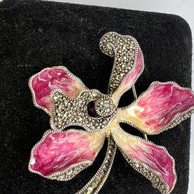 Sterling Silver and enamal Orchid pin with Marcasite