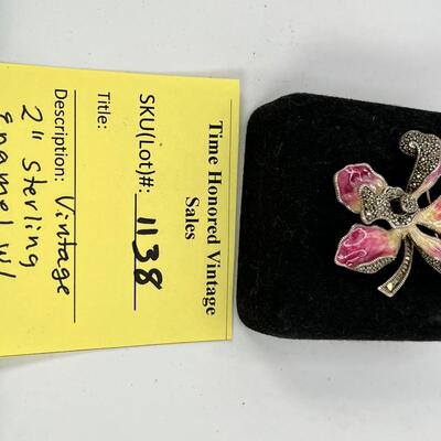 Sterling Silver and enamal Orchid pin with Marcasite