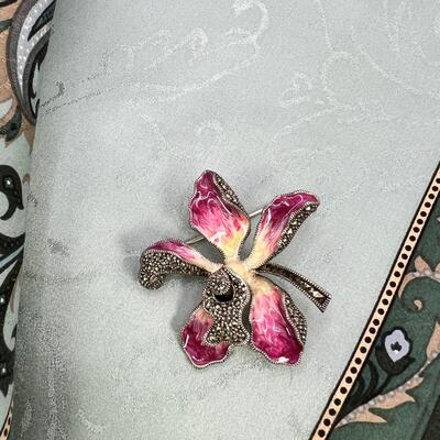Sterling Silver and enamal Orchid pin with Marcasite