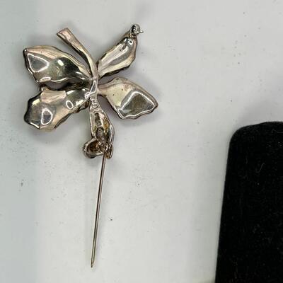 Sterling Silver and enamal Orchid pin with Marcasite