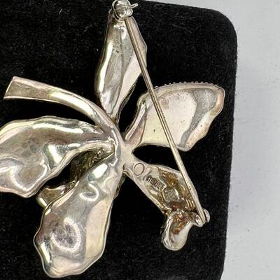Sterling Silver and enamal Orchid pin with Marcasite