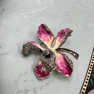 Sterling Silver and enamal Orchid pin with Marcasite