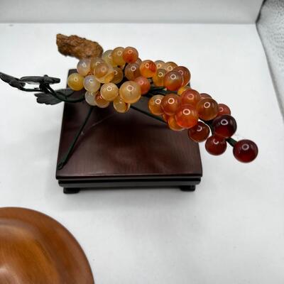 Fine turned Mahogany Bowl, Jade and stone Grapes and Flowers