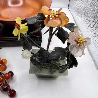 Fine turned Mahogany Bowl, Jade and stone Grapes and Flowers