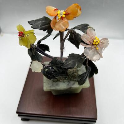Fine turned Mahogany Bowl, Jade and stone Grapes and Flowers
