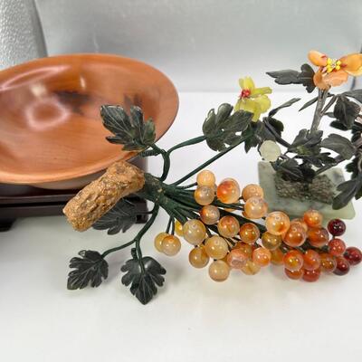 Fine turned Mahogany Bowl, Jade and stone Grapes and Flowers