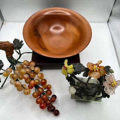 Fine turned Mahogany Bowl, Jade and stone Grapes and Flowers