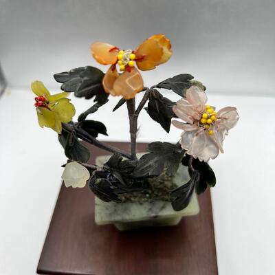 Fine turned Mahogany Bowl, Jade and stone Grapes and Flowers