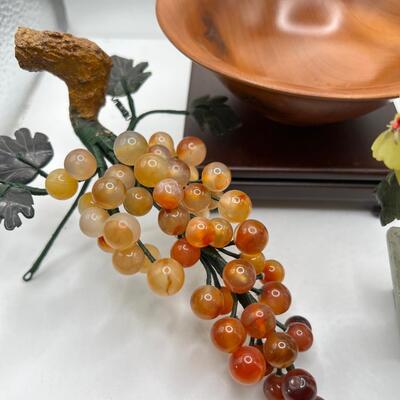 Fine turned Mahogany Bowl, Jade and stone Grapes and Flowers