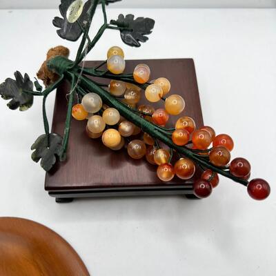 Fine turned Mahogany Bowl, Jade and stone Grapes and Flowers