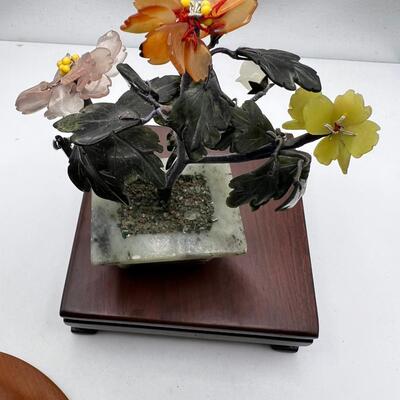 Fine turned Mahogany Bowl, Jade and stone Grapes and Flowers