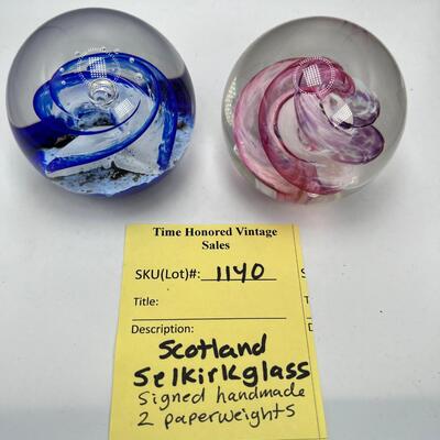2 Scotland Selkirk Glass  signed marbled paperweights