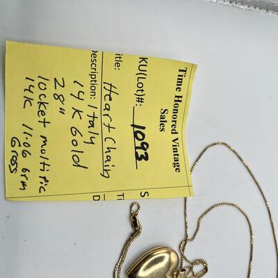 Antique 14 K Heart Locket  with multiple picture  frames and 14K 28" chain