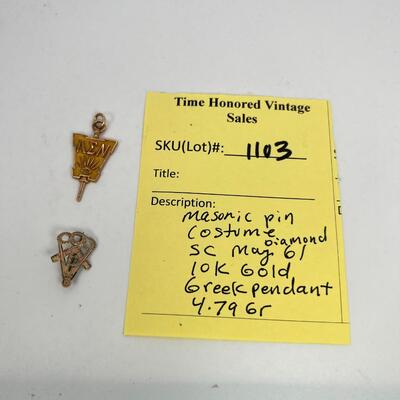 Greek  Pendant 10 K gold and  Masonic Diamond Pin