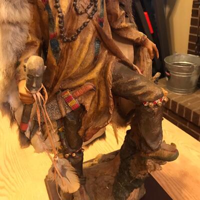 Resin Native American Chief Sculpture w/ Rabbit Pelt