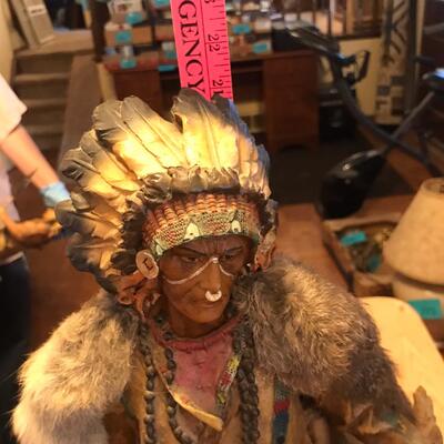 Resin Native American Chief Sculpture w/ Rabbit Pelt