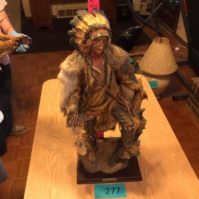 Resin Native American Chief Sculpture w/ Rabbit Pelt
