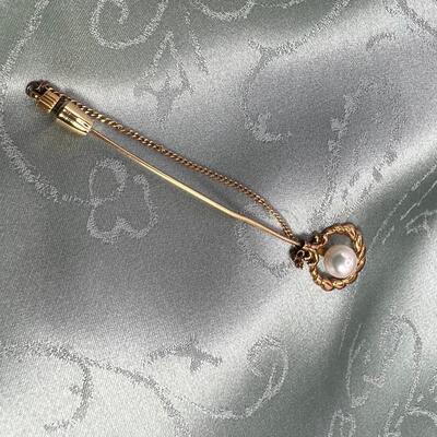 Antique 14K Cultured pearl stick pin with 14K safety chain