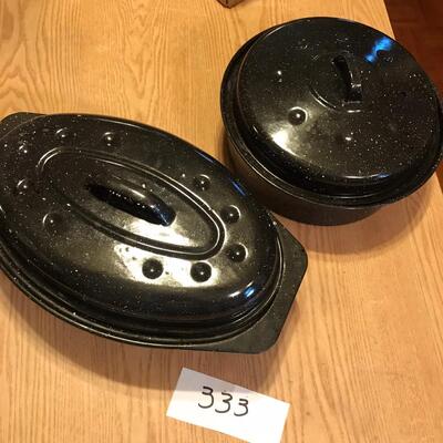 Lot of 2 Black Graniteware Roasters Cookers